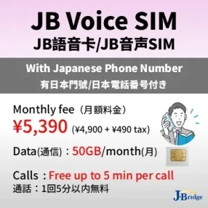 【JB音声SIM】L+5プラン<br>・日本電話番号付 通話５分かけ放題<br>・高速通信50GB/月 低速無制限<br>・パスポートで申請可能<br>・最低3か月 延長可能